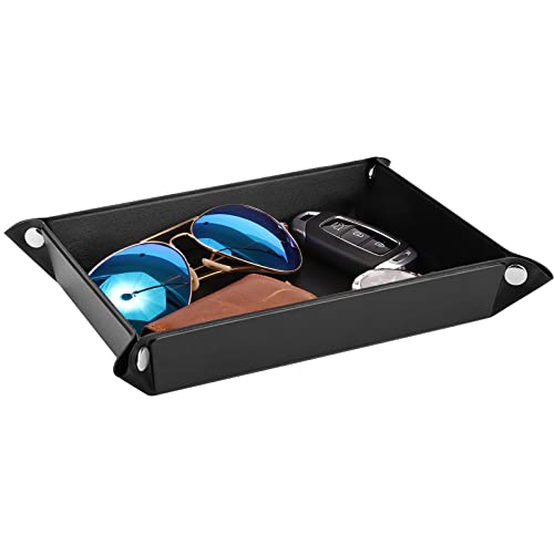 Luxspire Valet tray PU Leather Tray Catchall Tray Men Women Jewelry Key Tray Desk Storage Plate for Key Coin Phone Jewelry Wallet Medium Size Black - Image 1