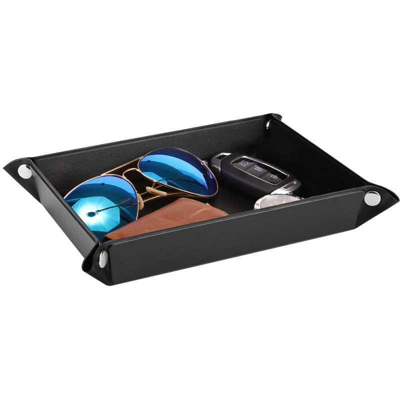 Luxspire Valet tray PU Leather Tray Catchall Tray Men Women Jewelry Key Tray Desk Storage Plate for Key Coin Phone Jewelry Wallet Medium Size Black - Image 2