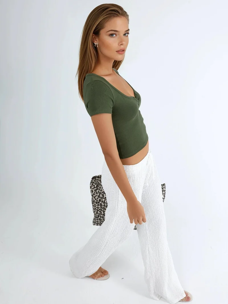 Busem BUSEM V-Neck Short Sleeve Knitted Blouse with Button Closure