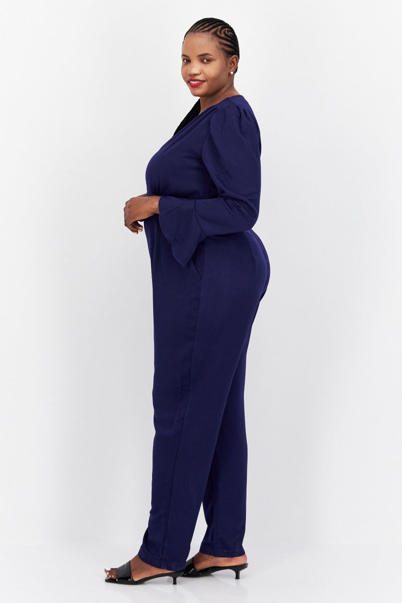 Little Mistress Women Plus Size Plain Long Sleeve Jumpsuits, Navy Blue - Image 3