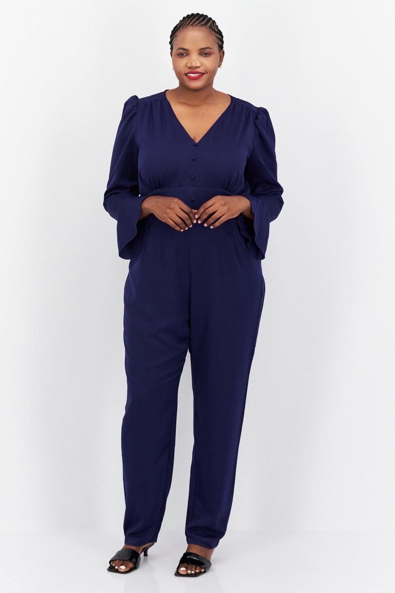 Little Mistress Women Plus Size Plain Long Sleeve Jumpsuits, Navy Blue - Image 1