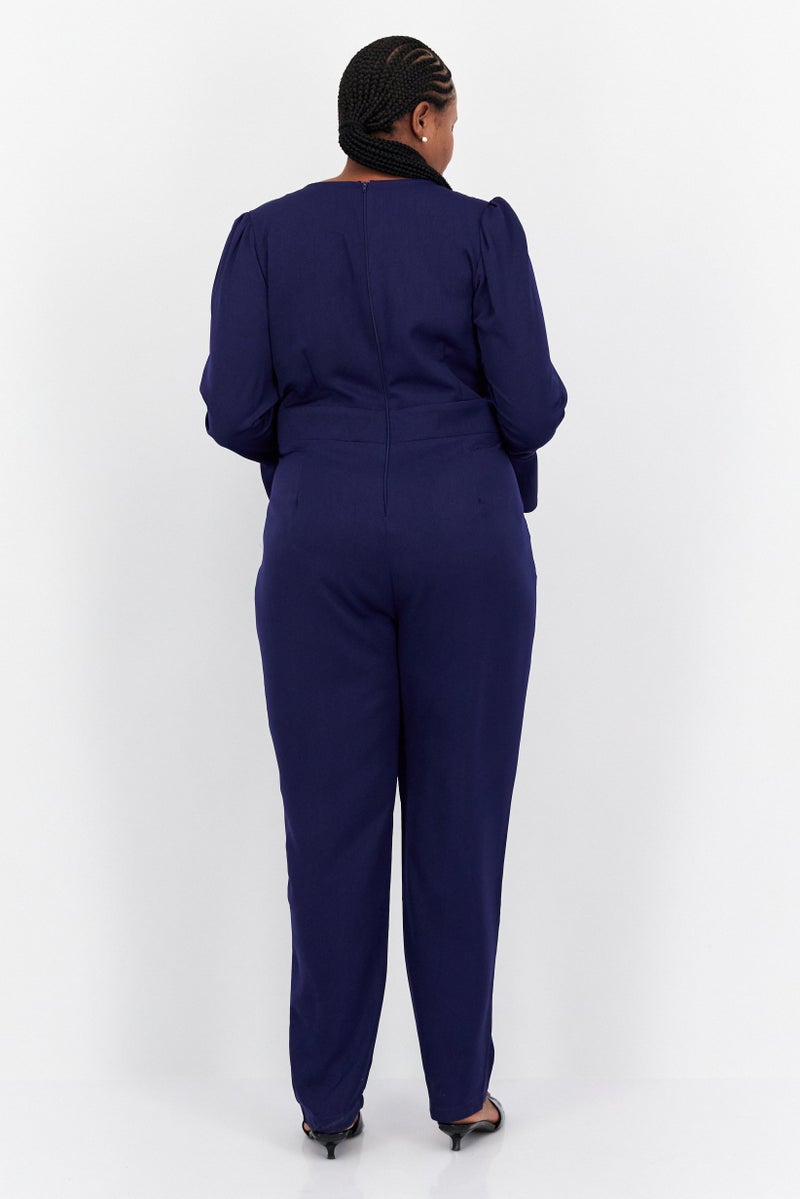 Little Mistress Women Plus Size Plain Long Sleeve Jumpsuits, Navy Blue - Image 4
