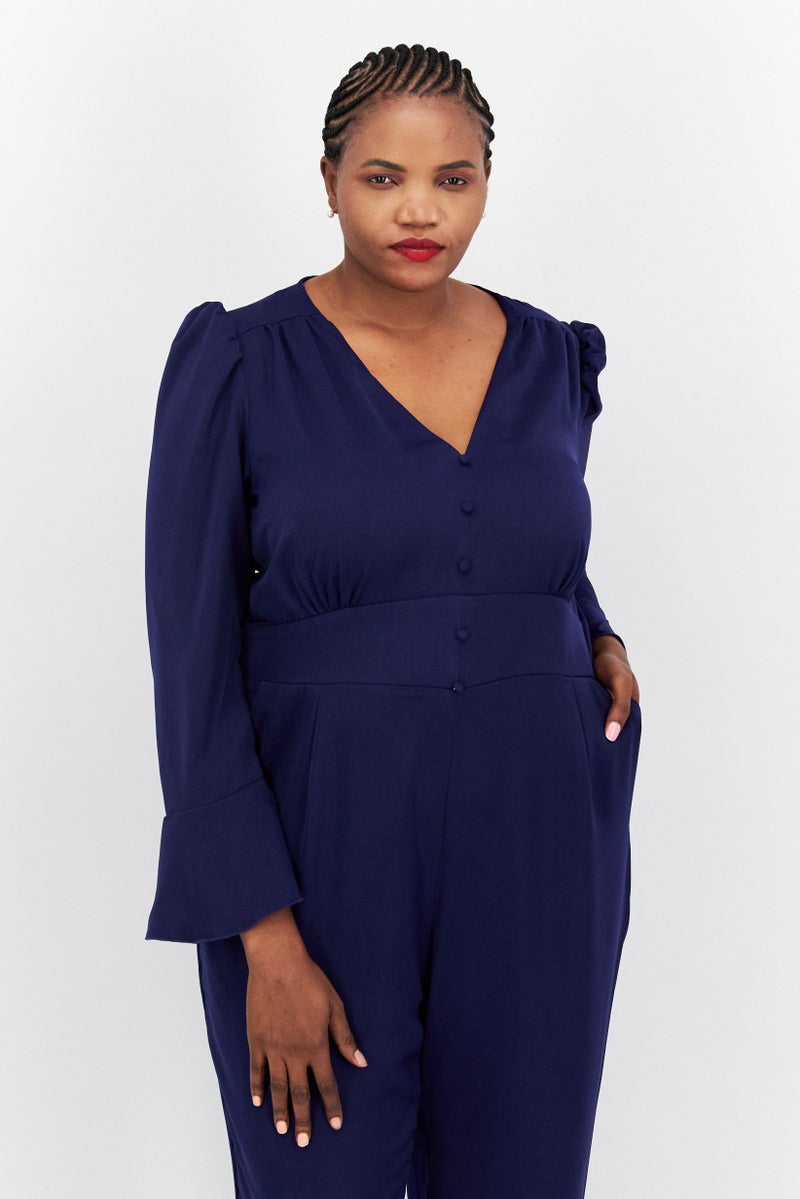 Little Mistress Women Plus Size Plain Long Sleeve Jumpsuits, Navy Blue - Image 2