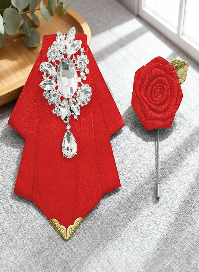 MOHSILY Bow Ties for Men Women Rhinestone Bowtie Solid Mens Bow Tie with Brooch for Suit Tuxedo Wedding Party (Red) - Image 4