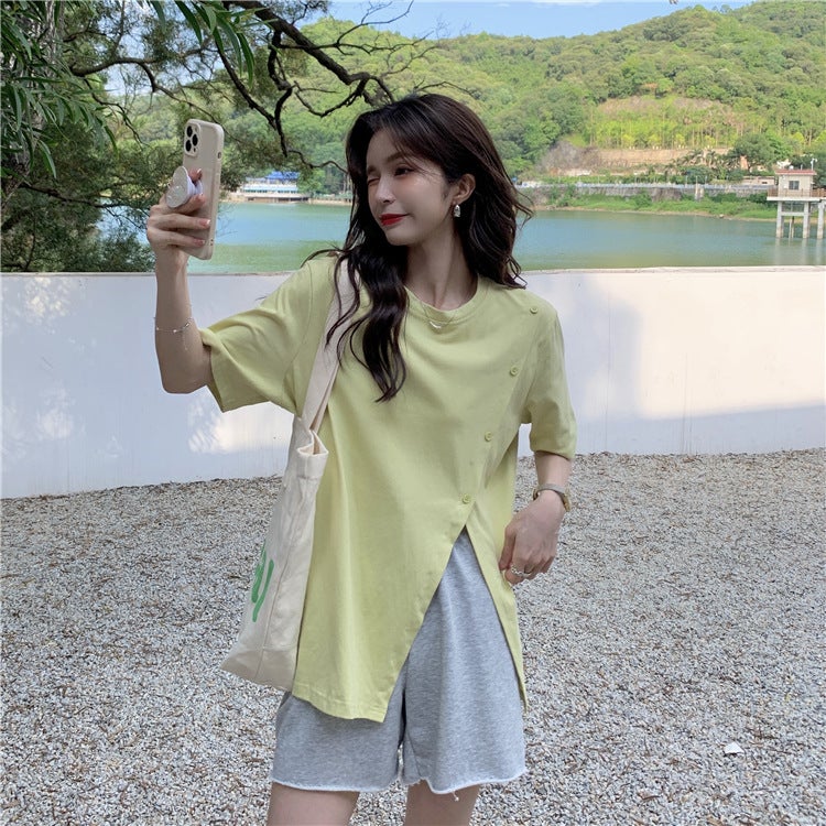 Slit T-Shirt For Women, Summer Short-Sleeve, Stylish Design, Irregular Harajuku Style, Loose Fit, Trendy Internet Celebrity Student Top - Image 1