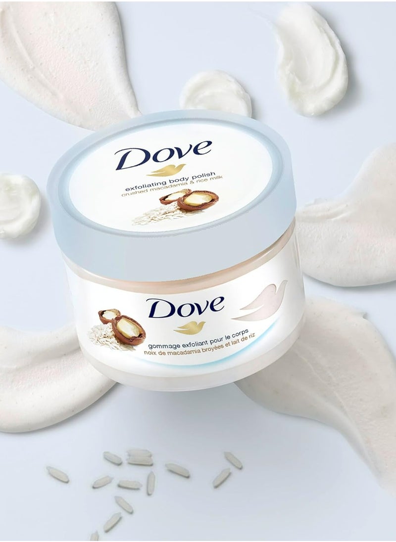 Dove Exfoliating Body Polish Scrub Macadamia And Rice Milk With Moisturising Cream 225 ML  - Image 1