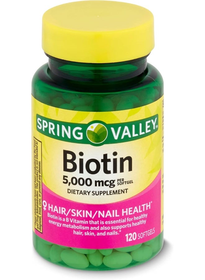 SPRING VALLEY سبرينغ فالي - بيوتين 5000 ميكروغرام، قوة فائقة، 120 كبسولة لينة - Image 1