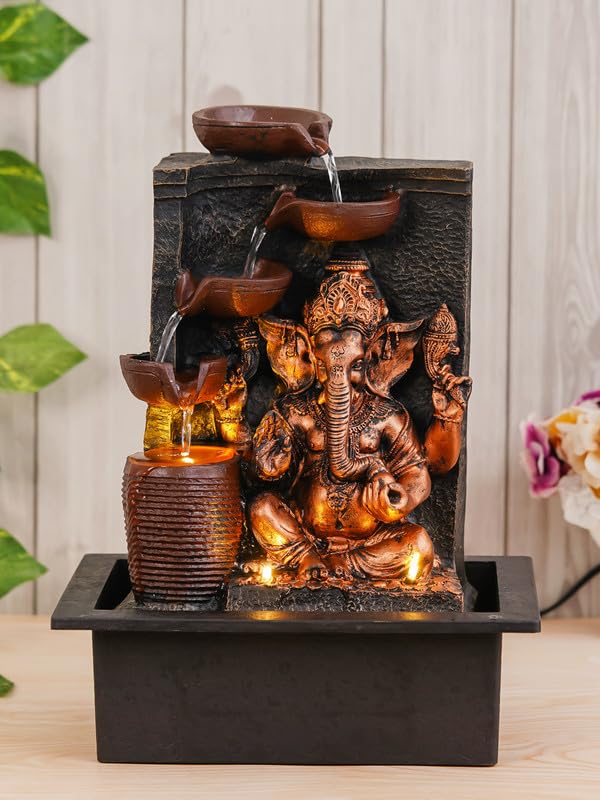 CHRONIKLE CHRONIKLE Polyresin Golden Brown Ganesha Tabletop Indoor 4 Diya Steps Waterfall Fountain for Home Dcor with Yellow LED Light Water Flow Controller Pump Size 39 x 295 x 22CM Weight 2195grm 