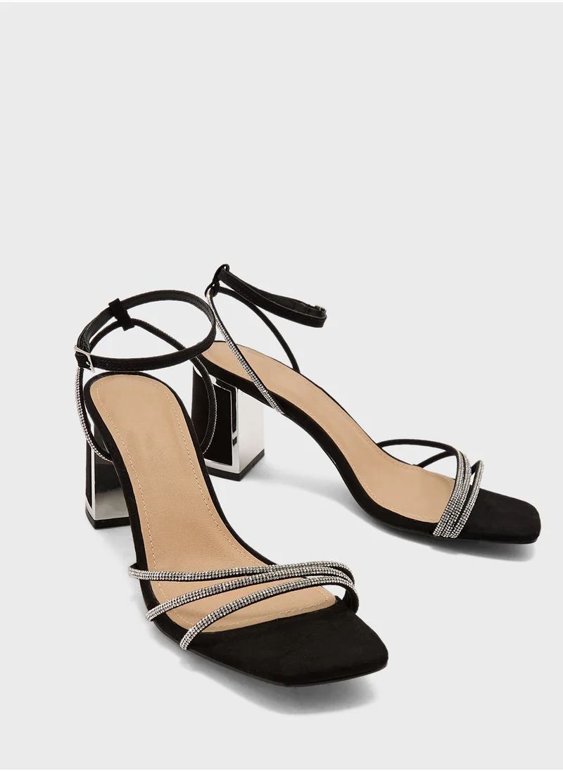 Truffle Ankle Strap Diamante Strap Block Heel Sandal