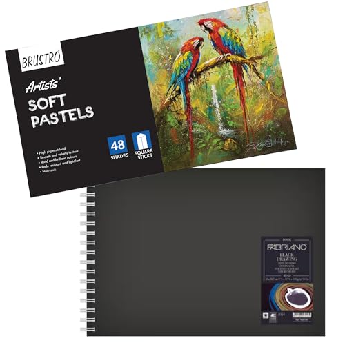 BRUSTRO Artists Soft Pastels Set of 48 with Fabriano Black Drawing Book A4 - Image 1