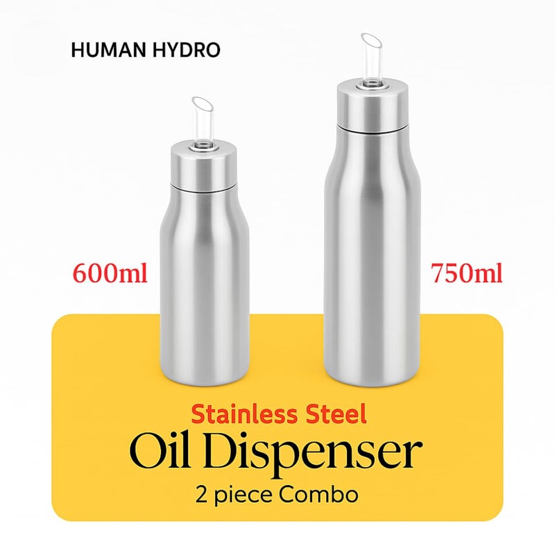 Human Hydro مجموعة موزع الزيت – 600 مل + 750 مل | زجاجات من الفولاذ المقاوم للصدأ مانعة للتسرب للزيت والطهي والسمن والخل | خالية من التنقيط ومقاومة للصدأ - Image 2