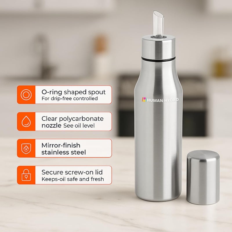 Human Hydro مجموعة موزع الزيت – 600 مل + 750 مل | زجاجات من الفولاذ المقاوم للصدأ مانعة للتسرب للزيت والطهي والسمن والخل | خالية من التنقيط ومقاومة للصدأ - Image 4