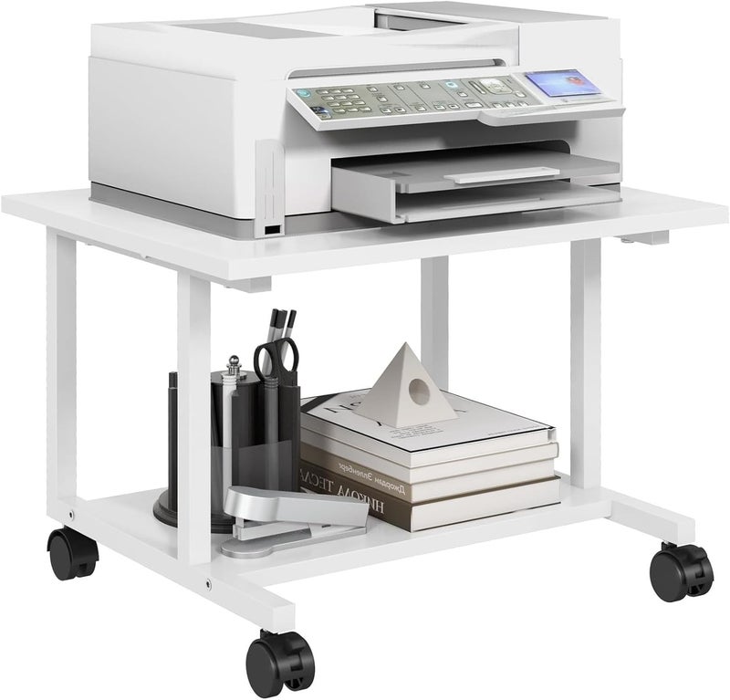 OGFC 58165 Under Desk Printer Stand, 52 x 40 x 30cm Cart with Wheels, 2 Tier Mobile Printer Table for Home Office, Large Printer Stand with Storage, Office Stand, White - Image 1