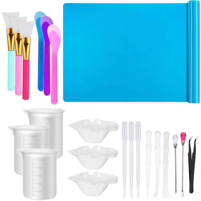 Resin Tools Set 22pcs A3 Silicone Sheet with 100 ml Measuring Mixing Cups Brushes Stir Sticks Spoons Pipette for Epoxy Resin DIY Crafts Painting