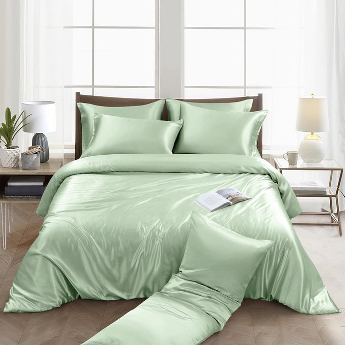 6 PIECES SATIN DUVET COVER FULLQUEEN SIZE LUXURY SILKY BEDDING DUVET COVER SET WITH 1 SOFT DUVET COVER 4 QUEEN PILLOWCASES AND 1 BODY PILLOWCASE SAGE GREEN