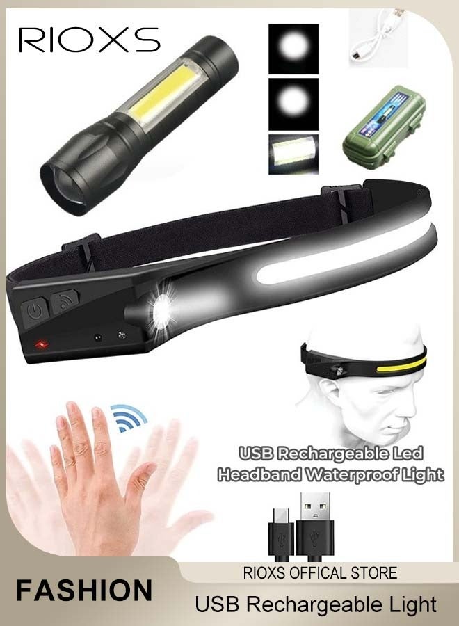 RIOXS USB Rechargeable Led Headband Waterproof Light Strap Mini Flashlight Perfect for Camping Hiking Outdoor Hunting Running - Image 1