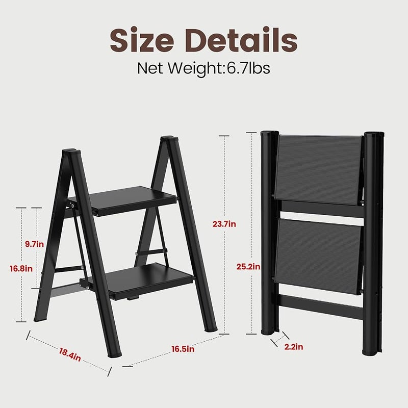 HBTower Step Ladder,Lightweight Aluminum Folding Step Stool with Anti-Slip Wide Pedal,330lbs Capacity Step Ladder for Household,Kitchen,Office - Black - Image 2