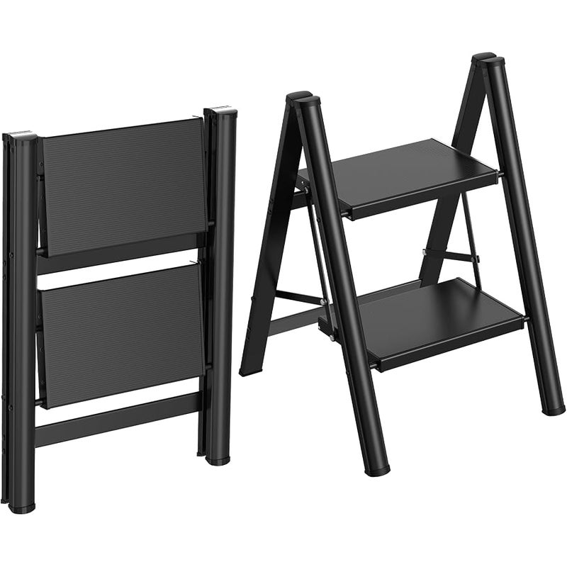HBTower Step Ladder,Lightweight Aluminum Folding Step Stool with Anti-Slip Wide Pedal,330lbs Capacity Step Ladder for Household,Kitchen,Office - Black - Image 1