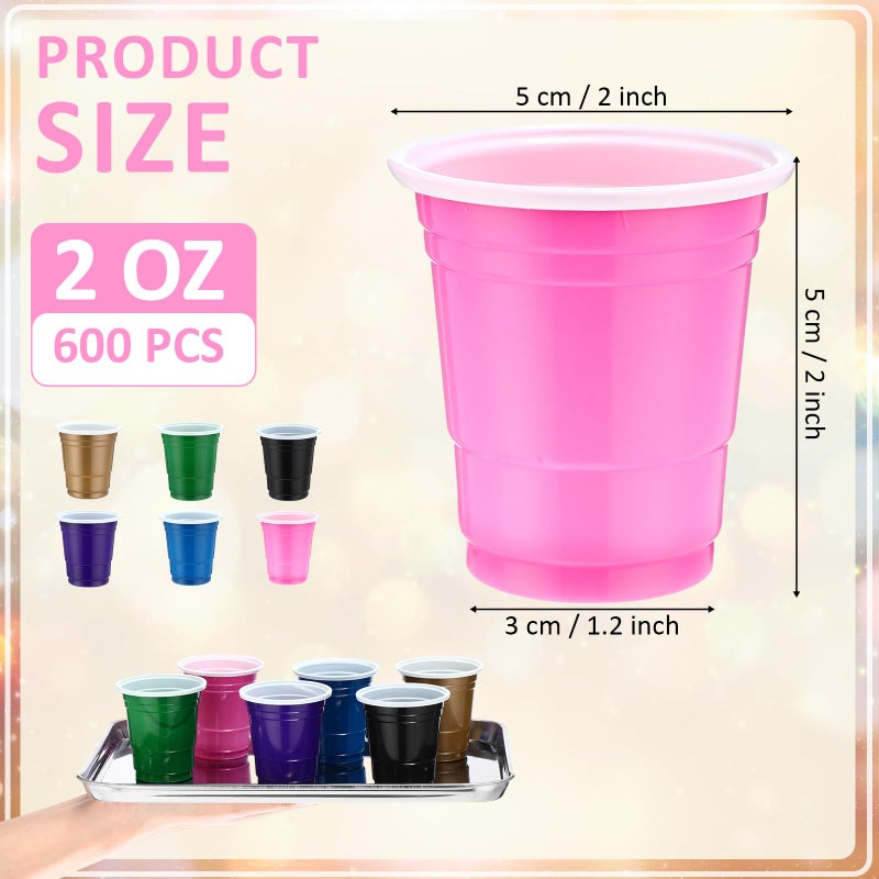 Mimorou Mimorou 600 Pack 2 Oz Plastic Shot Glasses Disposable Plastic Shot Cups Mini Multicolor Cups for BBQ Christmas Party Tastings Sample Picnic Camping Daily Life Wedding  6 Colors (Stylish Color) - Image 2