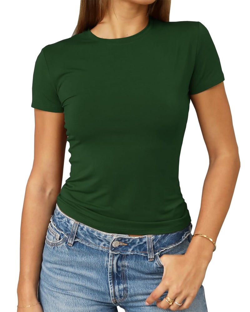 Abardsion Women's Casual Basic Going Out Crop Tops Slim Fit Short Sleeve Crew Neck Tight T Shirts 2026 (Dark Green, M) - Image 1