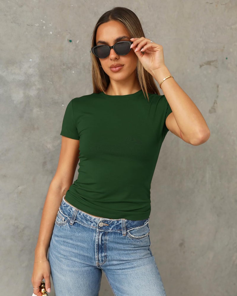 Abardsion Women's Casual Basic Going Out Crop Tops Slim Fit Short Sleeve Crew Neck Tight T Shirts 2026 (Dark Green, M) - Image 2