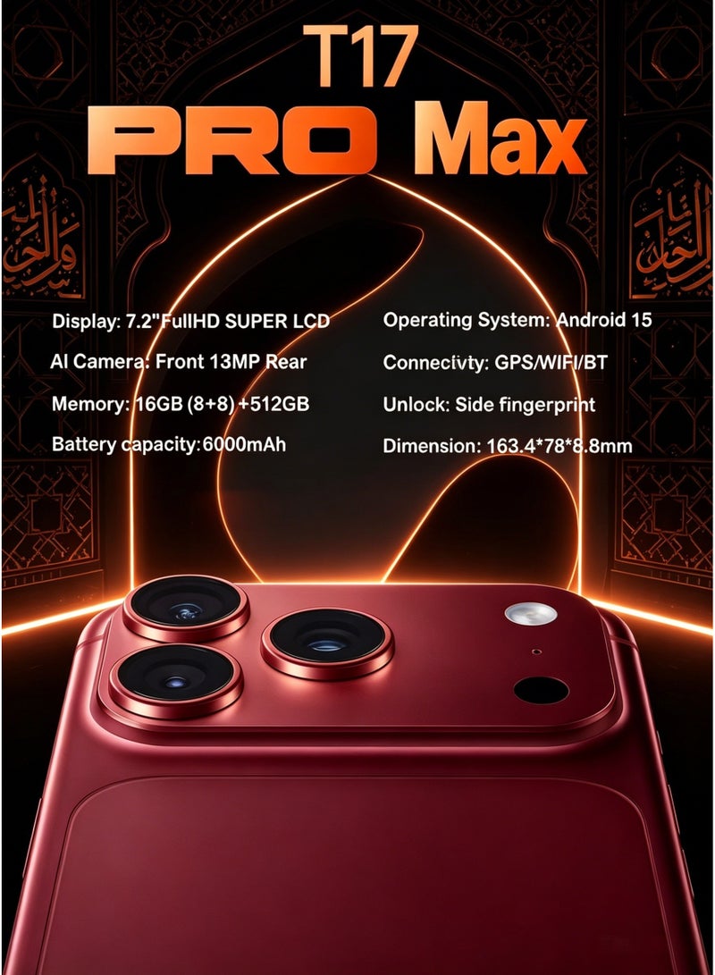 CCIT T17 Pro Max Smartphone, 7.2" FullHD Super LCD, 16GB RAM (8+8), 512GB Storage, 6000mAh Battery, Android 15, 4G LTE--Bordeaux Red - Image 2