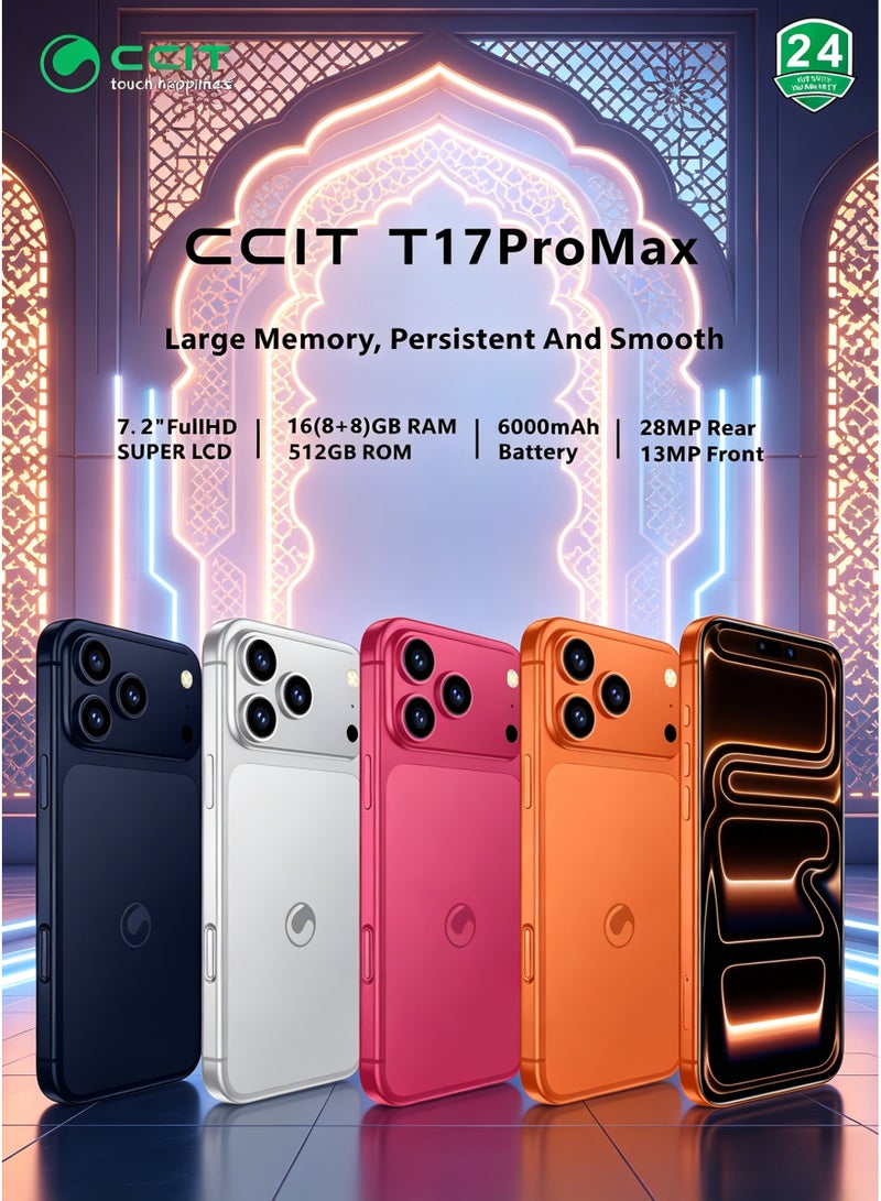 CCIT T17 Pro Max Smartphone, 7.2" FullHD Super LCD, 16GB RAM (8+8), 512GB Storage, 6000mAh Battery, Android 15, 4G LTE--Bordeaux Red - Image 5