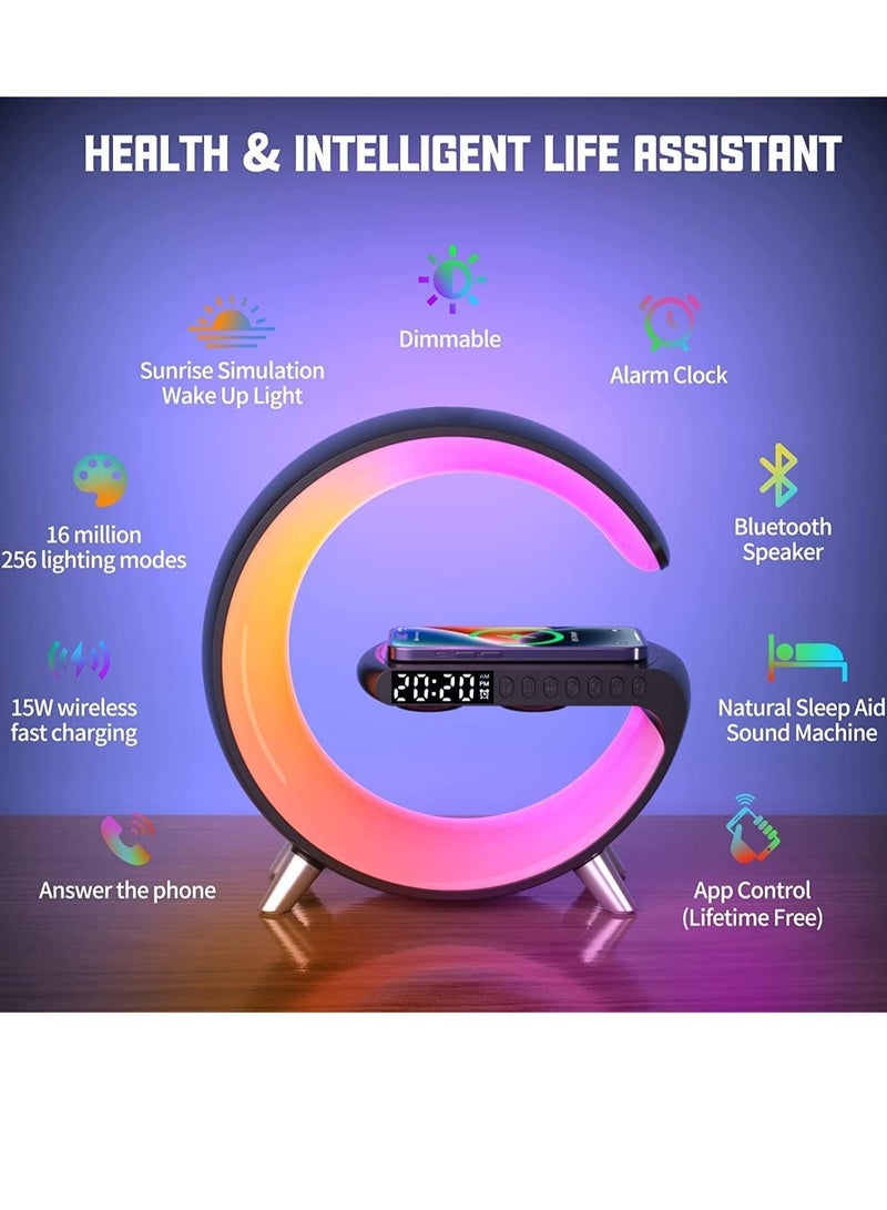 إلترازون Smart Bluetooth Speaker Wireless Phone Charger LED Light, Multifunctional RGB Night Light and Charging Station, Smart Sounder Alarm Clock for Bedroom Smart Desk Lamp Control with App - Image 5