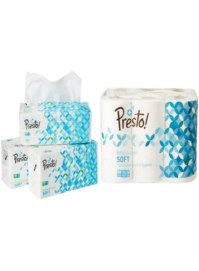 Presto! Amazon Brand - Presto! 2 Ply Facial Tissue Soft Poly Pack - 200 Pulls (Pack of 3 & Amazon Brand - Presto! 3 Ply Toilet Paper/Tissue Roll - 12 Rolls (300 Sheets Per Roll Combo - Image 1