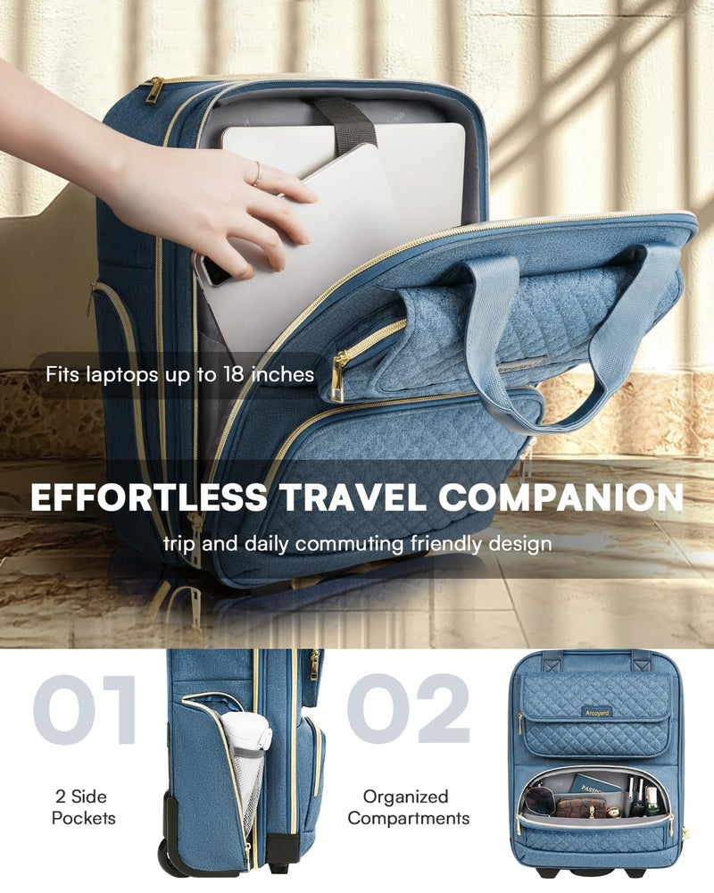 Arcoyard Underseat Carry On Luggage with Wheels, Airline Approved Personal Item Luggage, 16-Inch Multi-functional Underseat Luggage, Lightweight Overnight Suitcase for Women, Bussiness, Travel, Blue - Image 3