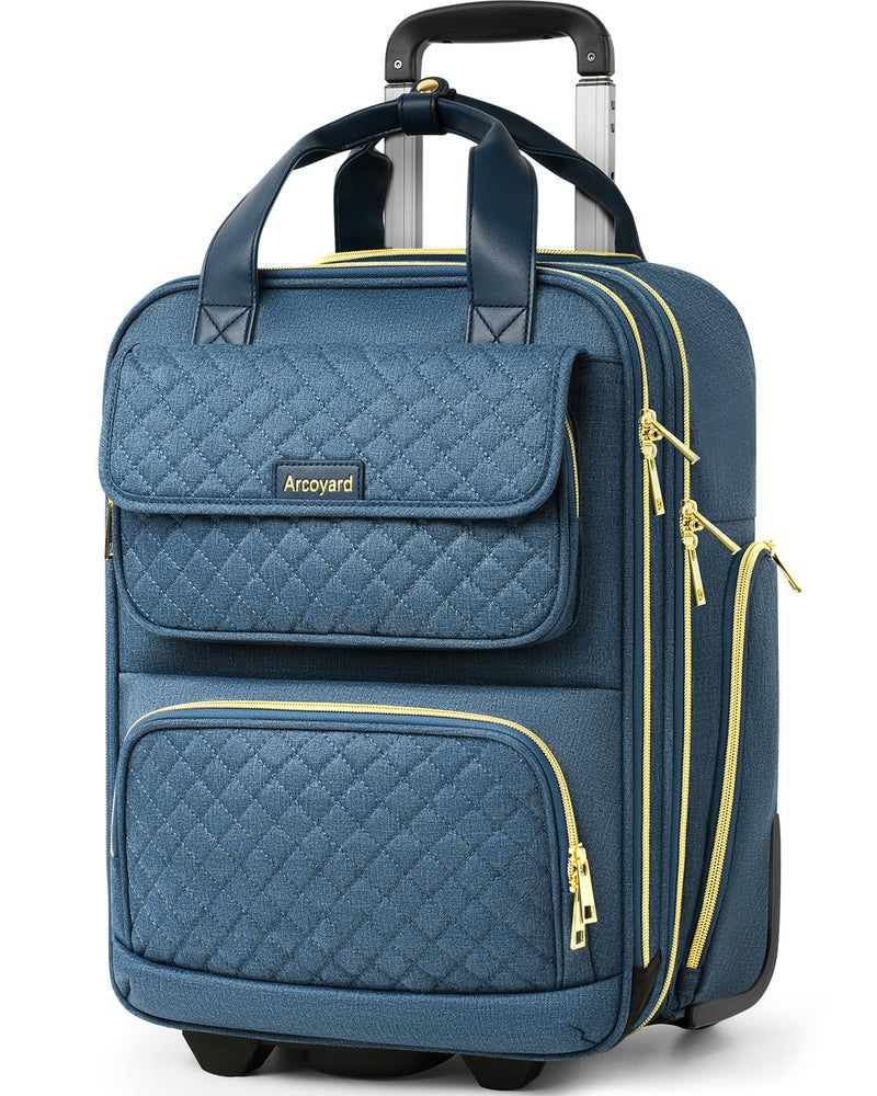 Arcoyard Underseat Carry On Luggage with Wheels, Airline Approved Personal Item Luggage, 16-Inch Multi-functional Underseat Luggage, Lightweight Overnight Suitcase for Women, Bussiness, Travel, Blue - Image 1