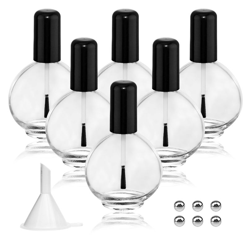6PCS Large Capacity 75ML Empty Nail Polish Bottles with Brush Large Spherical Refillable Glass Cuticle Oil Bottles Containers with Funnel Mixing Balls 26oz for DIY Nail Art Cuticle Oils Black