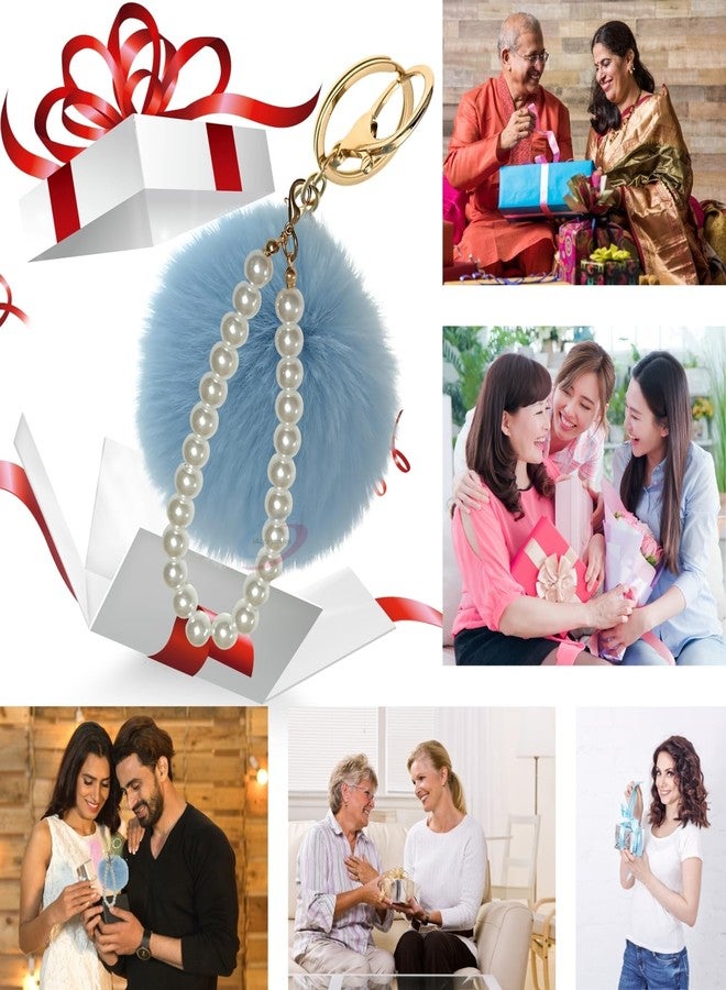 iAccessories Fluffy Faux Fur Pearl Pompom Key Ring | Keychain Charm for Girls Bags, Wallets and Luggage - Light Blue - Image 4