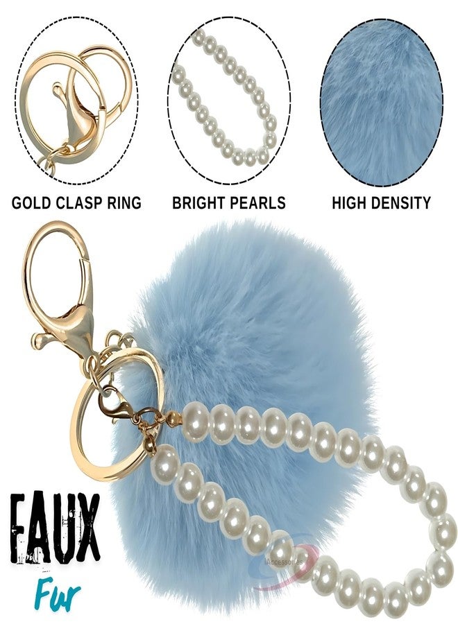 iAccessories Fluffy Faux Fur Pearl Pompom Key Ring | Keychain Charm for Girls Bags, Wallets and Luggage - Light Blue - Image 3