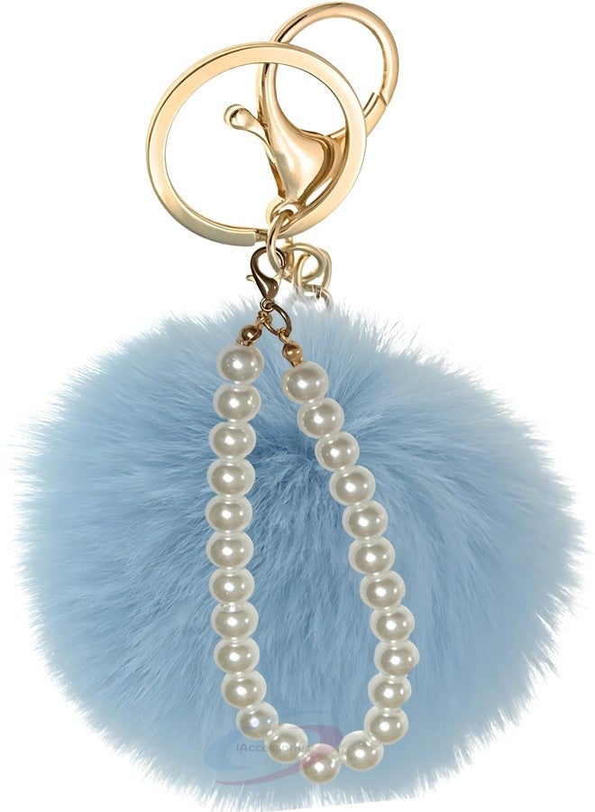 iAccessories Fluffy Faux Fur Pearl Pompom Key Ring | Keychain Charm for Girls Bags, Wallets and Luggage - Light Blue - Image 1