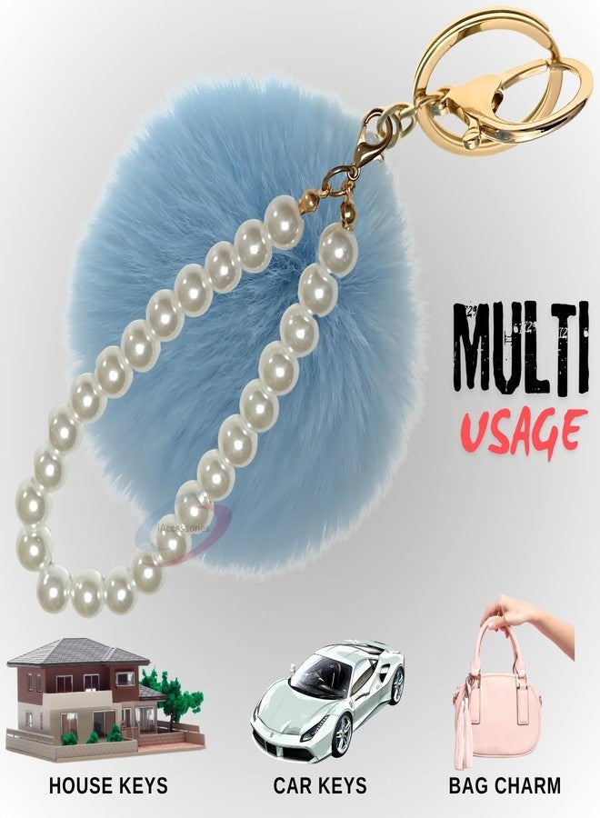 iAccessories Fluffy Faux Fur Pearl Pompom Key Ring | Keychain Charm for Girls Bags, Wallets and Luggage - Light Blue - Image 5