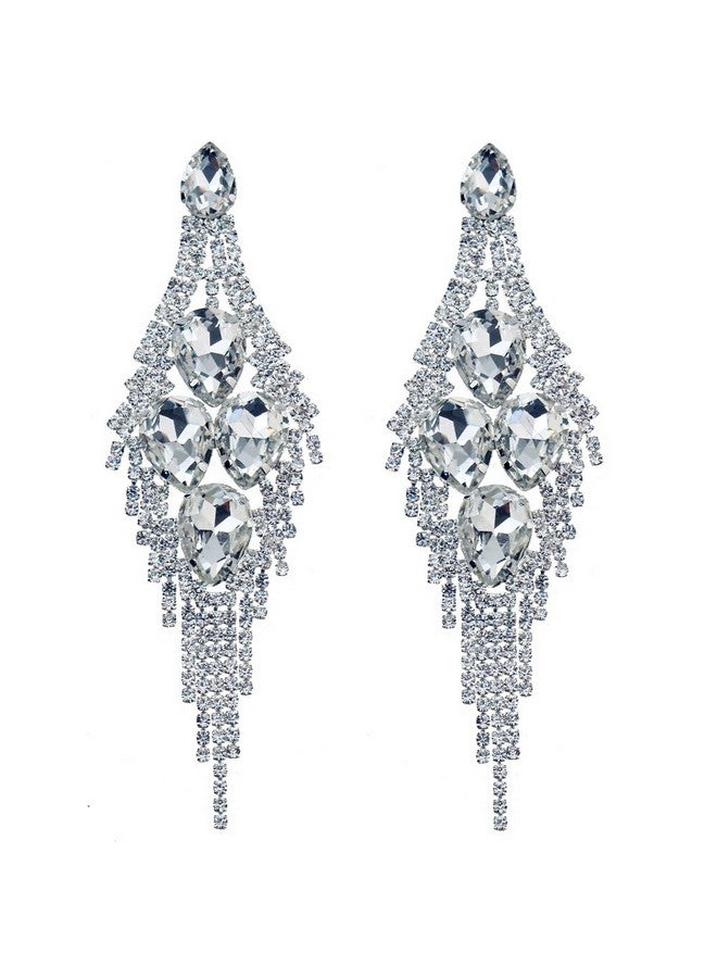 CHRAN Silver Teardrop Crystal Long Tassels Dangle Earrings Sparkling Rhinestone Ladies Gifts - Image 1