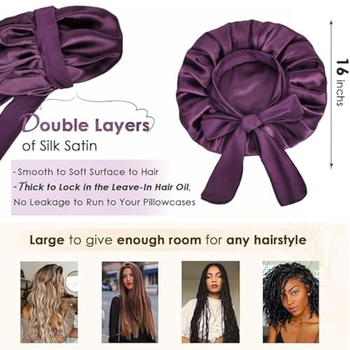Candibella Silk Bonnet for Hair with 3 Scrunchies, Adjustable Hair Cap for Sleeping, Satin Bonnet for Curly Hair with Wide Elastic Tie Band (IN, Alpha, Free Size, Mulberry, Silk Bonnets) - Image 3
