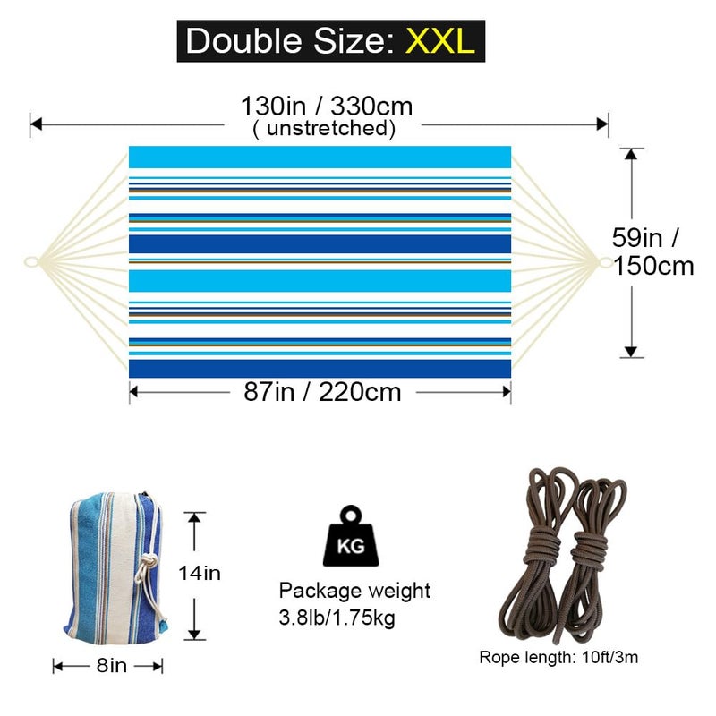 GOCAN Double Hammock 2 Person Extra Large 330X150cm Load Capacity 600Pound Canvas Cotton Hammock for Patio Porch Garden Backyard Lounging Outdoor and Indoor XXL - Image 3