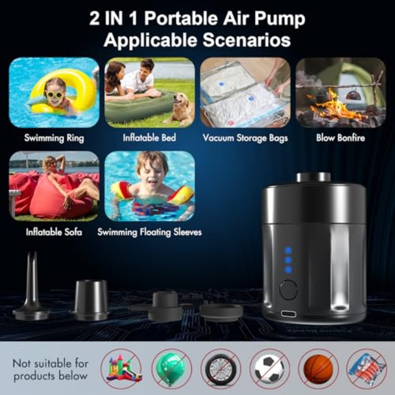 Portable Electric Air Pump for Inflatables, Rechargeable Battery Air Pump for Airbed, 2-in-1 Portable Mini Vacuum Pump with 4 Air Nozzles and Storage Bag for Air Mattress, Pool - Image 5