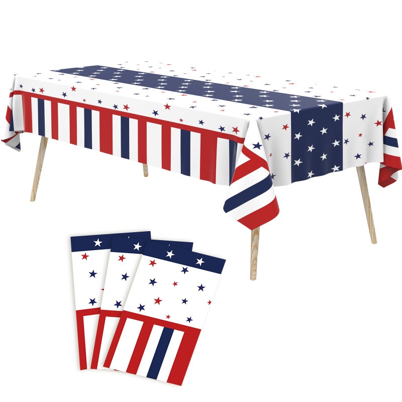 Tbsone 3 Pack 4th of July Patriotic Tablecloth, Disposable Red White and Blue Plastic Table Cloth, USA Party Decorations, Independence Day Supplies for Outdoor Picnic, Camping, Memorial, or Home - Image 1