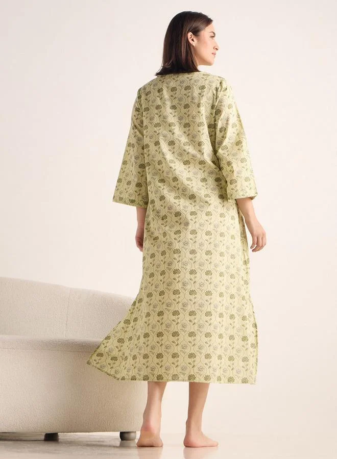 Splash FAV Printed V-neck Night Dress with 3/4 Sleeves
