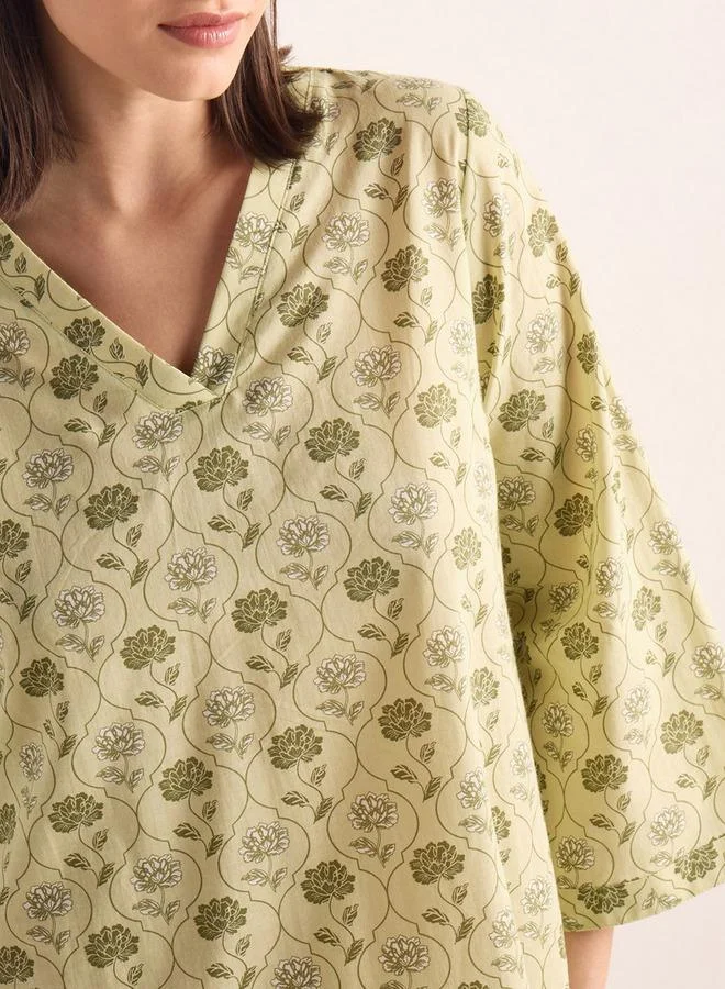 Splash FAV Printed V-neck Night Dress with 3/4 Sleeves