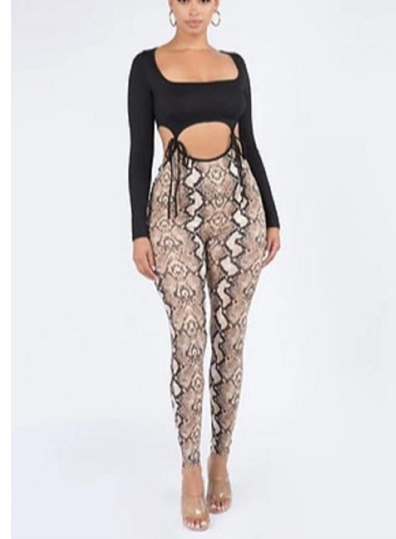 women's lingerie set with snak skin pants pattern and long sleeves black top - Image 1
