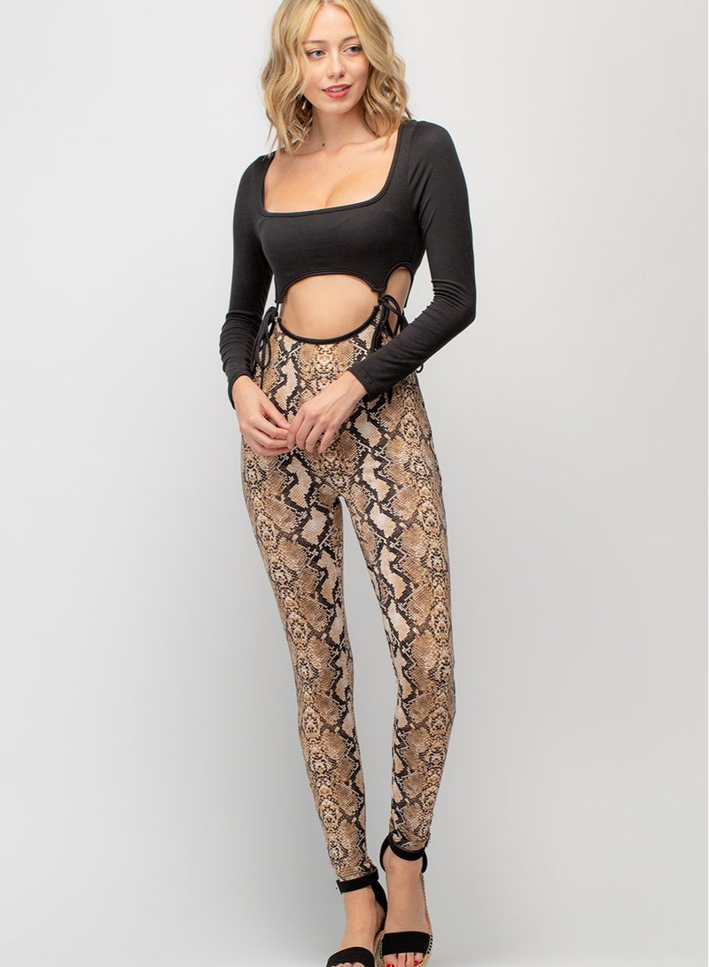 women's lingerie set with snak skin pants pattern and long sleeves black top - Image 2