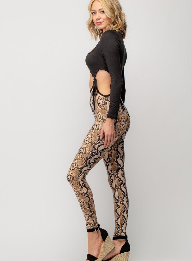 women's lingerie set with snak skin pants pattern and long sleeves black top - Image 3