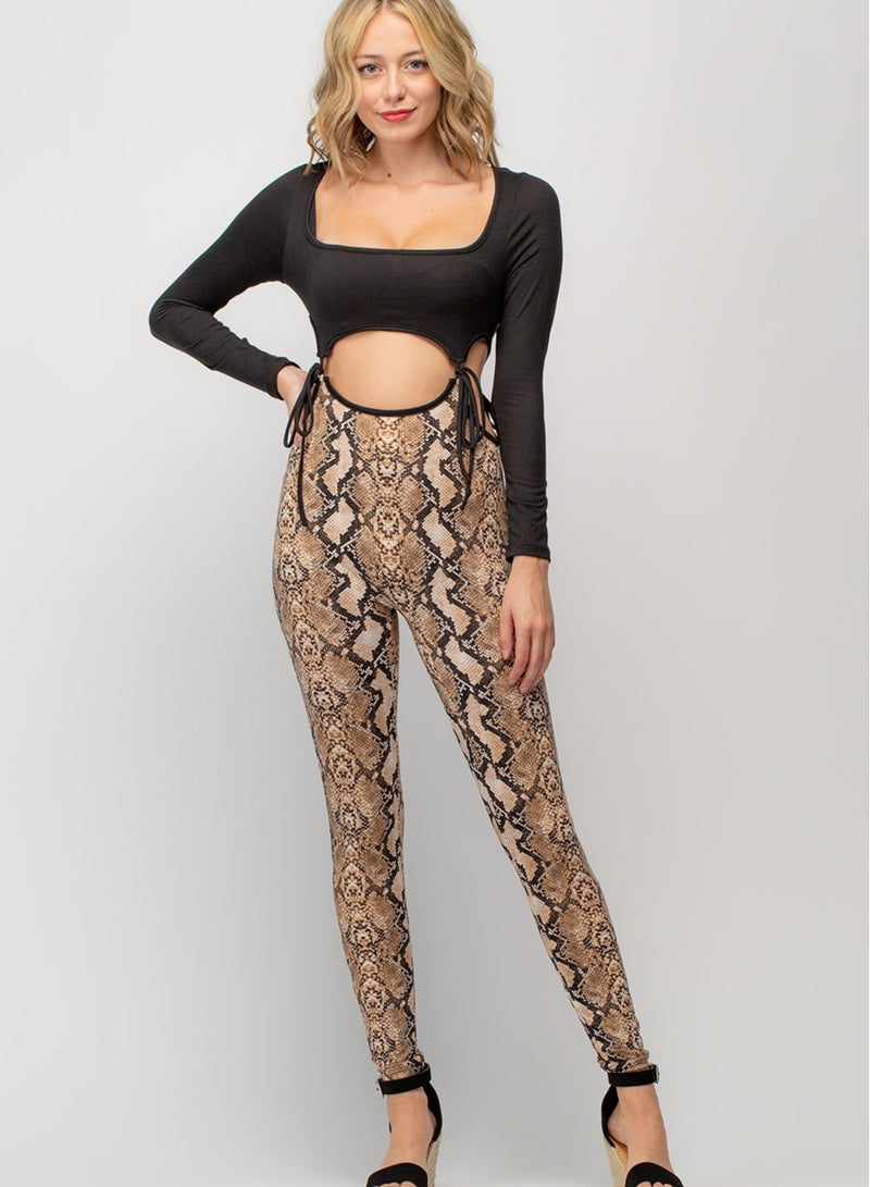 women's lingerie set with snak skin pants pattern and long sleeves black top - Image 5