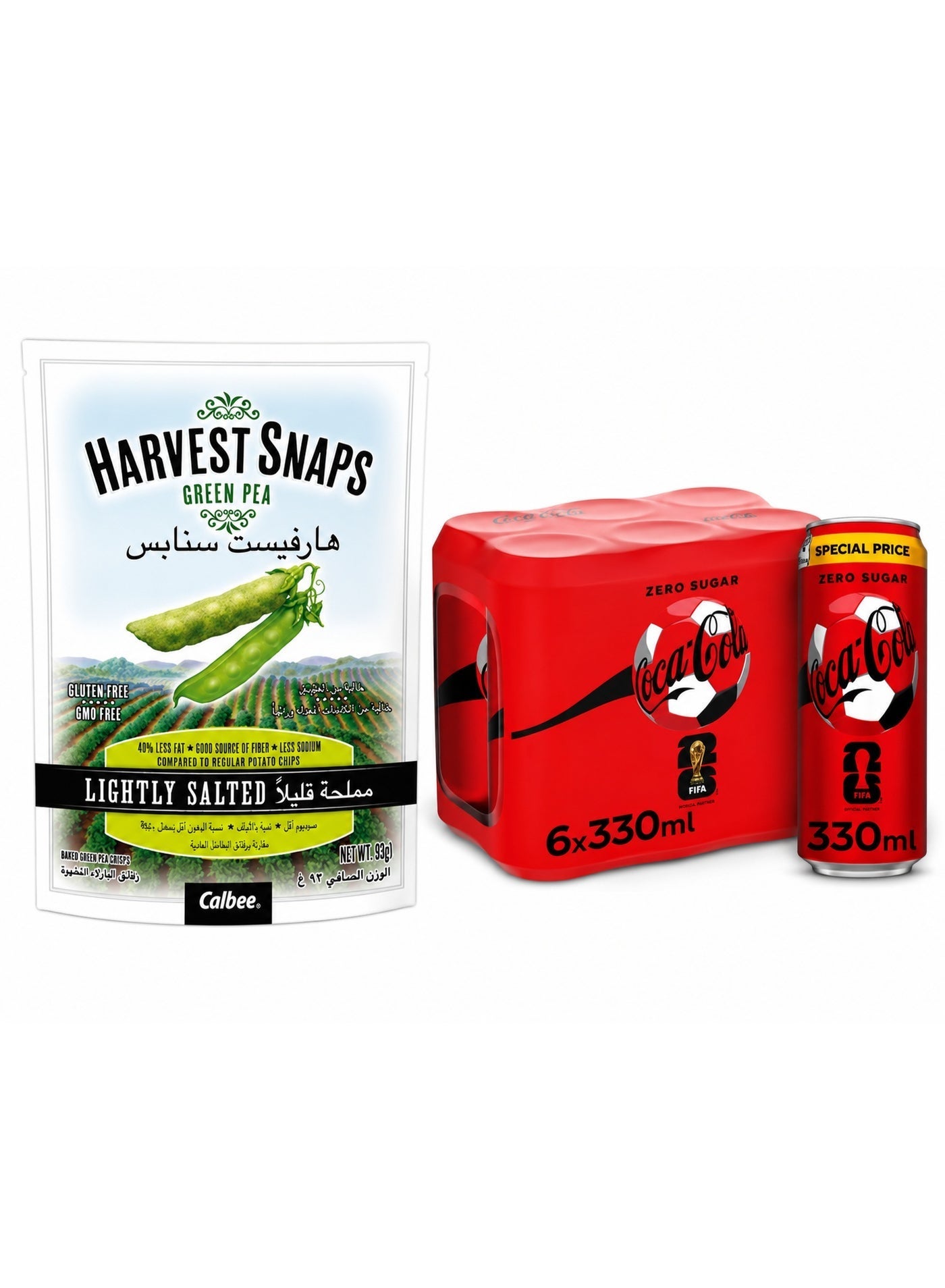 noon Calbee Harvest Snaps Lightly Salted Green Pea 93grams + Coca Cola Zero Calories Carbonated Soft Drink Can 330ml Pack of 6