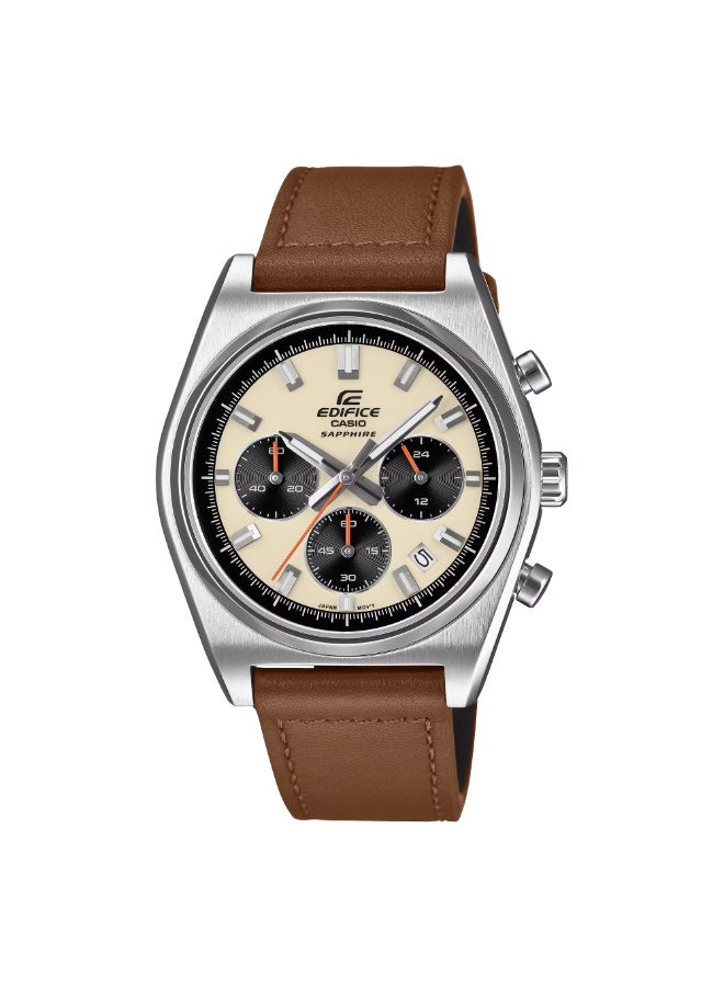 CASIO Edifice EFB-730L-7A Quartz Men’s Watch Silver Cream Brown Leather Strap - 40mm - Image 1