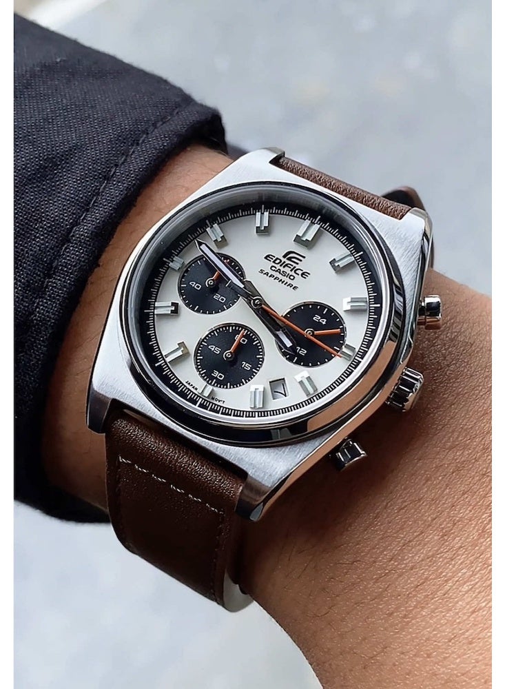 CASIO Edifice EFB-730L-7A Quartz Men’s Watch Silver Cream Brown Leather Strap - 40mm - Image 2